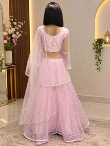 ✨ Beautiful Baby Pink Embroidered Kurti-Style Lehe