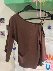 Brown Ruched One-Shoulder Top size M