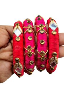 Vibrant Silk Thread Bangles with Mirror Work