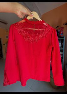 Red Embellished Neck Blouse