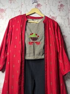 Elegant Red Embroidered Long Shrug with Kurta