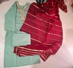 Green Embroidered Kurta Set with maroon dupatta