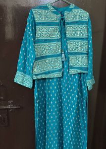 Ferozi blue jacketed kurta with beautiful print