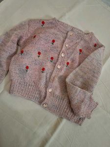 Floral Embroidered Pink Cardigan Hand knitted