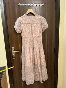 Pink Floral Puff Sleeve Midi Dress