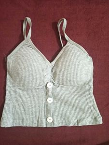 Gray Ribbed Button Up Crop Top