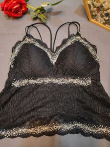 Black Lace Bralette with Rhinestone Embellishments