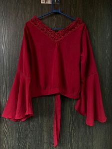Chic Red Lace Trim Bell Sleeve Top