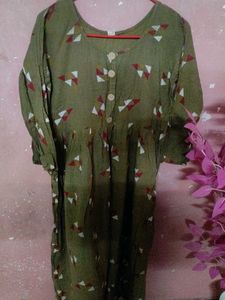 Olive Green Print Midi Dress