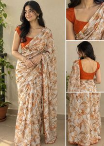 Elegant Orange Floral Print Saree and Blouse