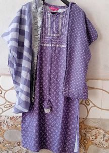 Purple Printed Kurta with Silver Embellishments