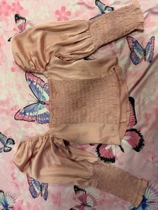H&amp;M Chic Pink Satin luxury Smocked Puff Sleeve Top
