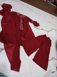Girls' Maroon Embroidered Kurta Set