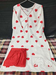 White Kurta Set with Red Hearts