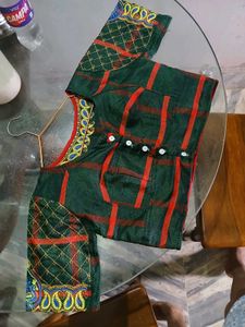 Dark Green &amp; Red Checkered Embroidered Silk Blouse