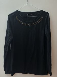 Elegant Black Embellished Long Sleeve Top