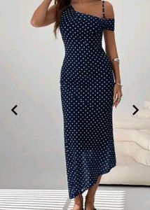 Navy Polka Dot One Shoulder Dress