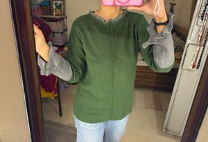 Green Ribbed Sweater with Ruffle Cuffs