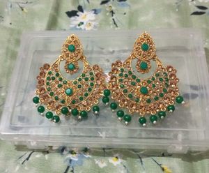 Chandbali Earrings - Green & Gold