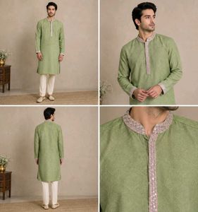 Men's Green Embroidered Kurta