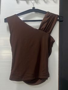 Chic Brown Ruched One-Shoulder Top