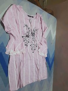 Pink Striped Kurta with White Pants Set