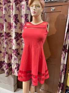 Chic Red Mesh Detail Fit &amp; Flare Dress