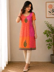 Handstitched Pink & Orange Embroidered Kurti✨️