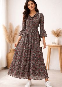 Floral Print Midi Dress with Ruffle Collar