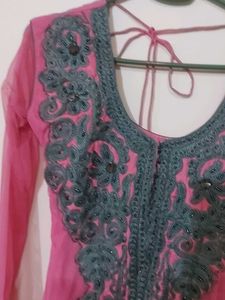 Net Pink Anarkali Full Party Suit.
