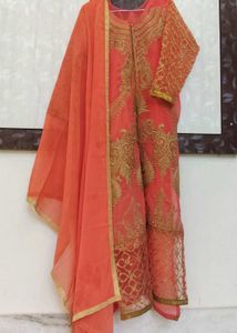 Elegant Coral Embroidered Kurta Set