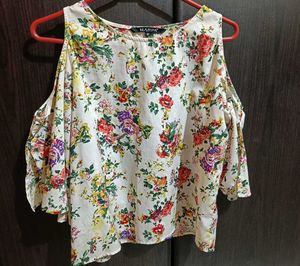 Women White Floral Printed Regular Cold Shoulder T