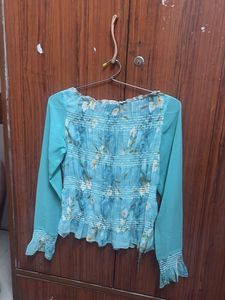 Blue Floral Print Sheer Blouse