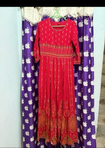 Red Anarkali Dress with Gold Embellishments