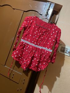 Red Kurti with White Heart Print