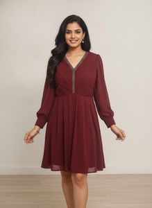 Maroon Pleated V-Neck Dress