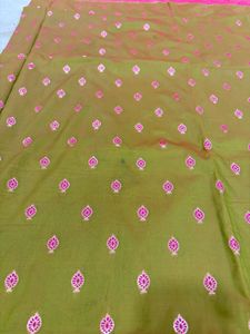 Beautiful Olive Green Saree with Pink Border