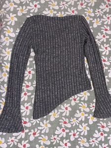 Grey Ribbed Bell Sleeve Top