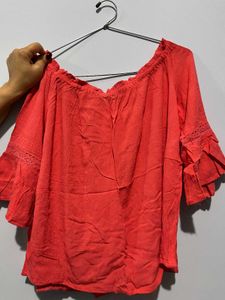 Coral Off-Shoulder Ruffle Sleeve Top