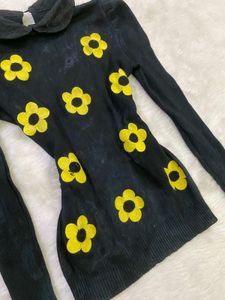 Black Floral Turtleneck Top