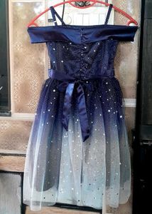 Girls Dark Blue And White Satin/Net Dress