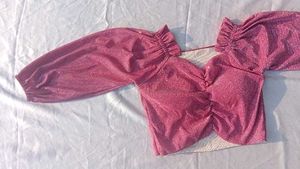 pink glitter Sparkly One-Shoulder crop Top