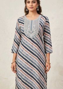 Striped Kurta with Embroidered Neckline