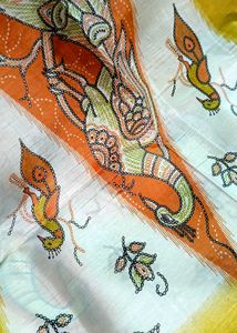Vibrant Peacock &amp; Woman Print Saree
