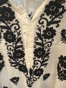 Old Marigold Black &amp; White Embroidered Cotton Kurt
