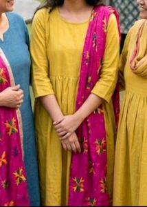 Yellow Kurta with Pink Embroidered Dupatta