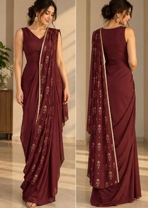 Pre-draped Indya Maroon Silk Saree Dress