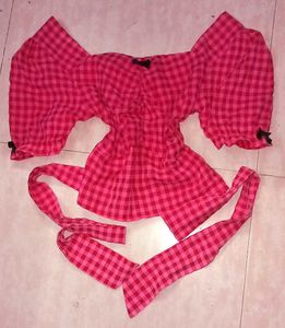 coquette aesthetic Pink Gingham Puff Sleeve Top wi