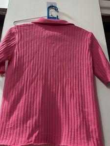 Pink Ribbed Knit Button-Up Top