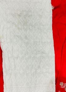 Red &amp; White Chikankari Kurta Set